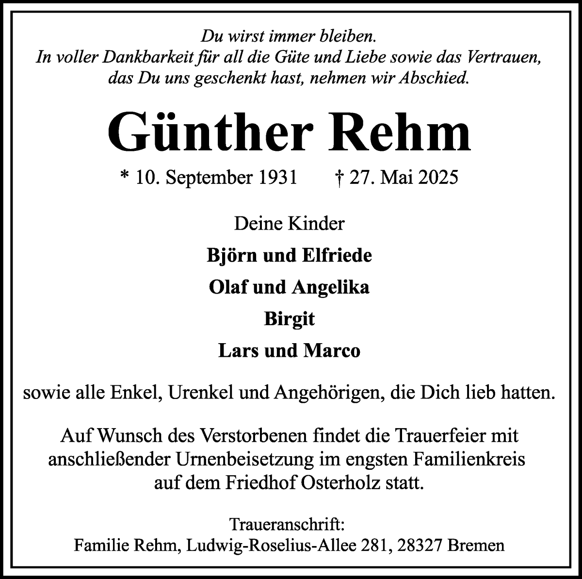 Traueranzeige von Günther Rehm von WESER-KURIER