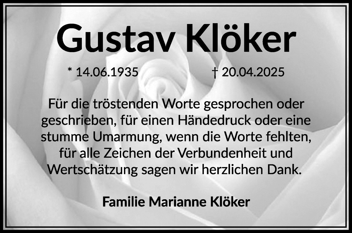 Traueranzeige von Gustav Klöker von Regionale Rundschau/Syker Kurier