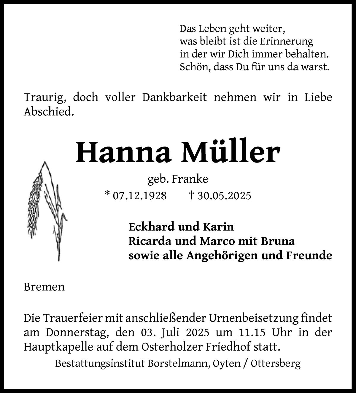 Traueranzeige von Hanna Müller von WESER-KURIER