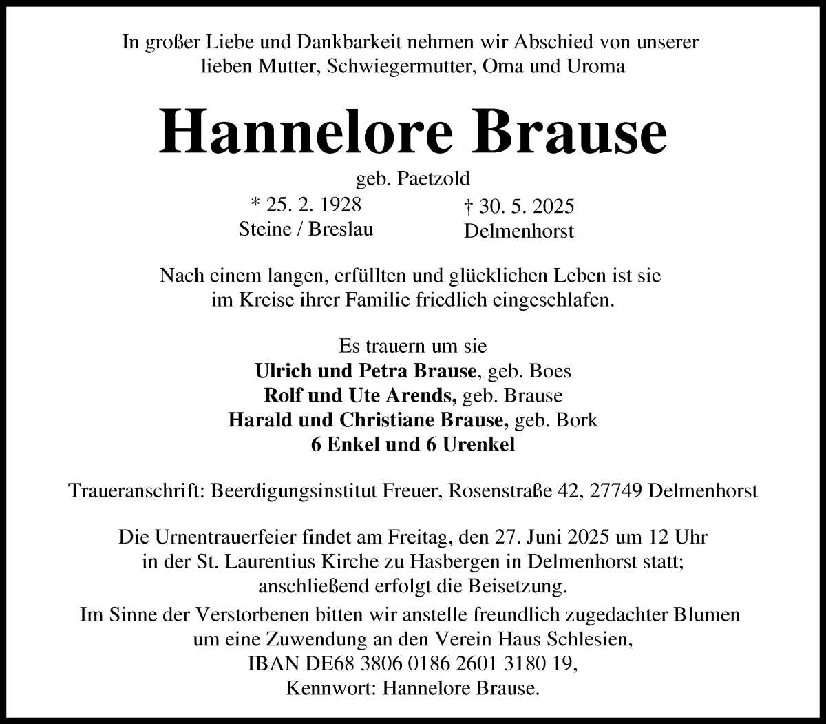 Traueranzeige von Hannelore Brause von WESER-KURIER
