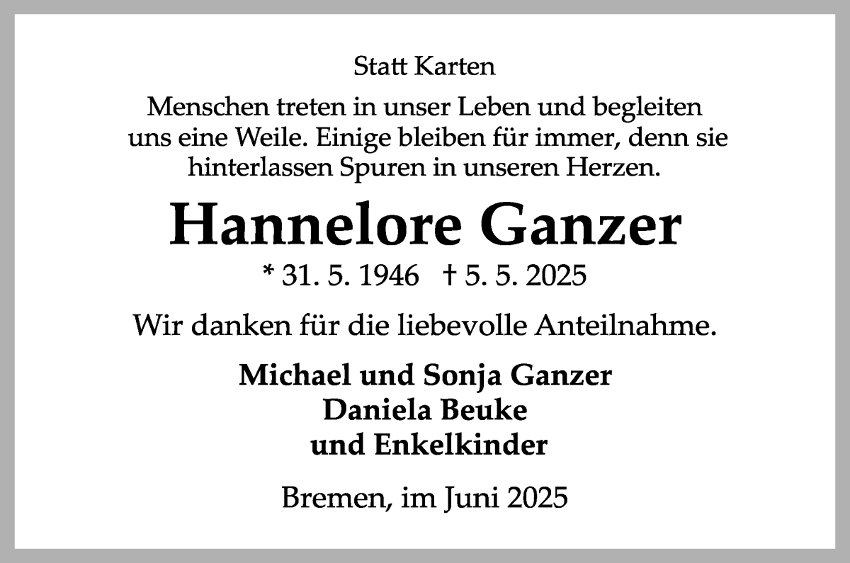 Traueranzeige von Hannelore Ganzer von WESER-KURIER
