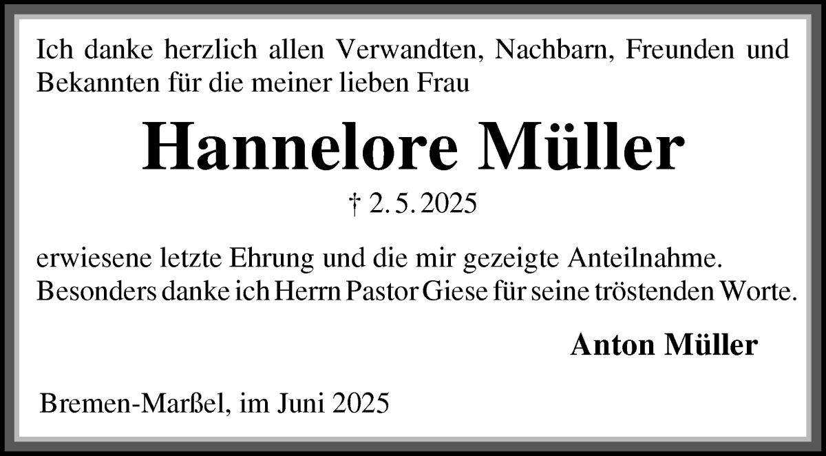Traueranzeige von Hannelore Müller von Die Norddeutsche