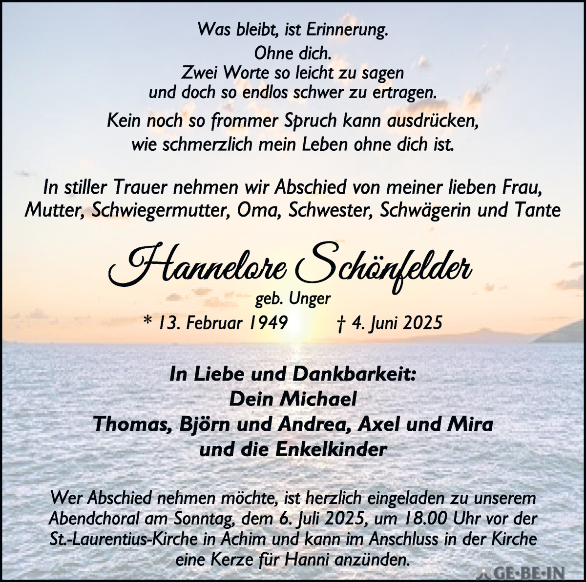 Traueranzeige von Hannelore Schönfelder von WESER-KURIER