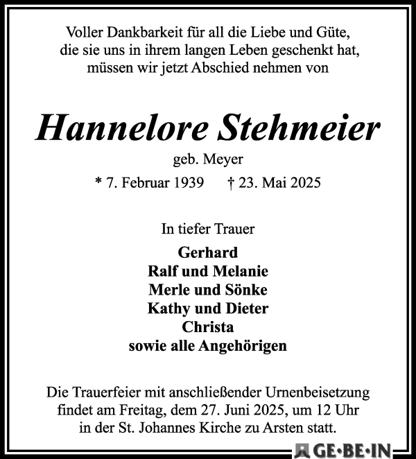Traueranzeige von Hannelore Stehmeier von WESER-KURIER