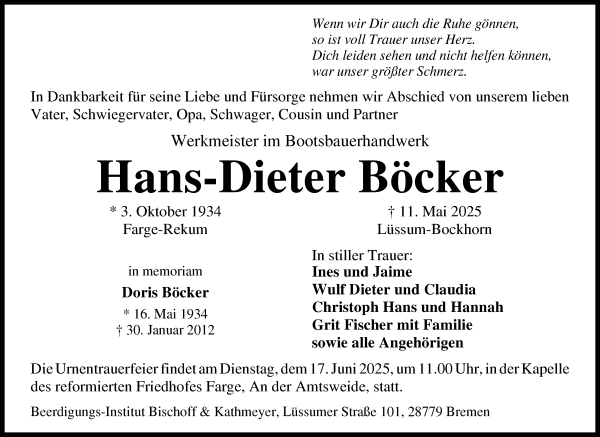Traueranzeige von Hans-Dieter Böcker von Die Norddeutsche