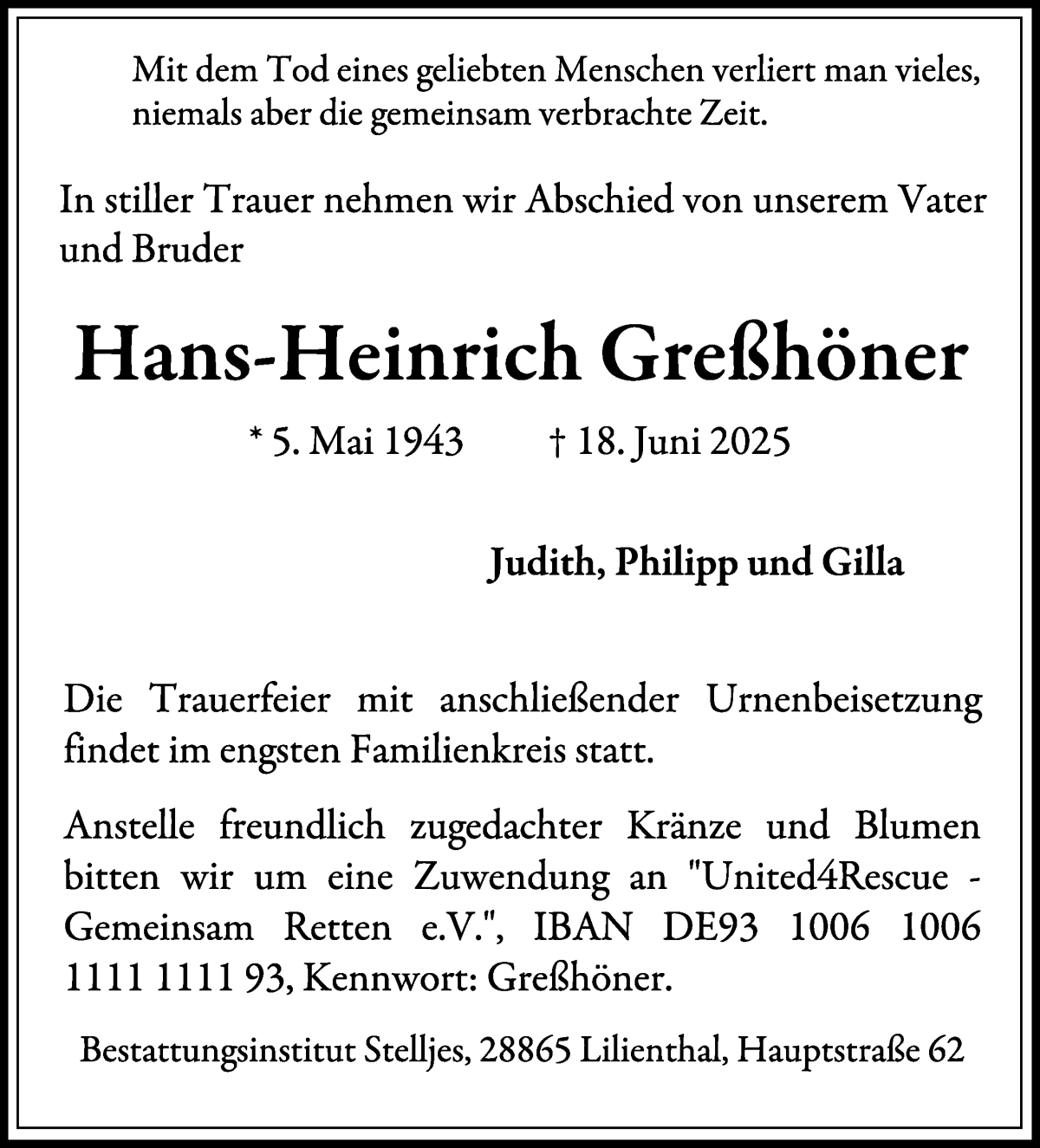 Traueranzeige von Hans-Heinrich Greßhöner von Wuemme Zeitung