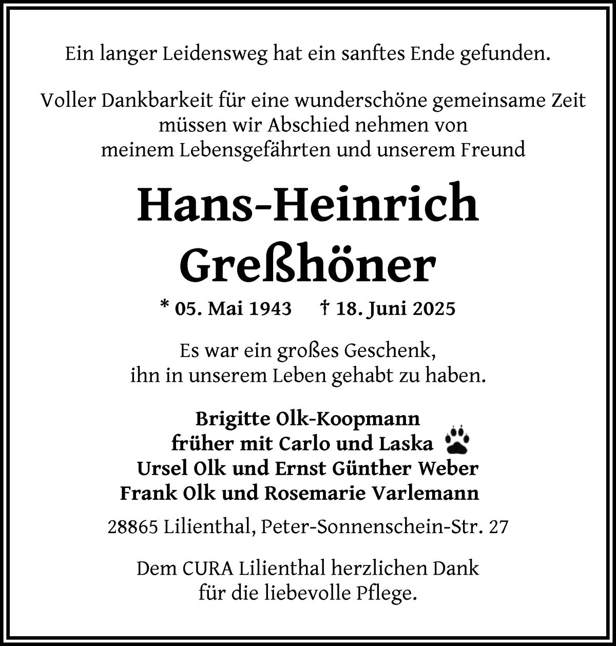 Traueranzeige von Hans-Heinrich Greßhöner von WESER-KURIER