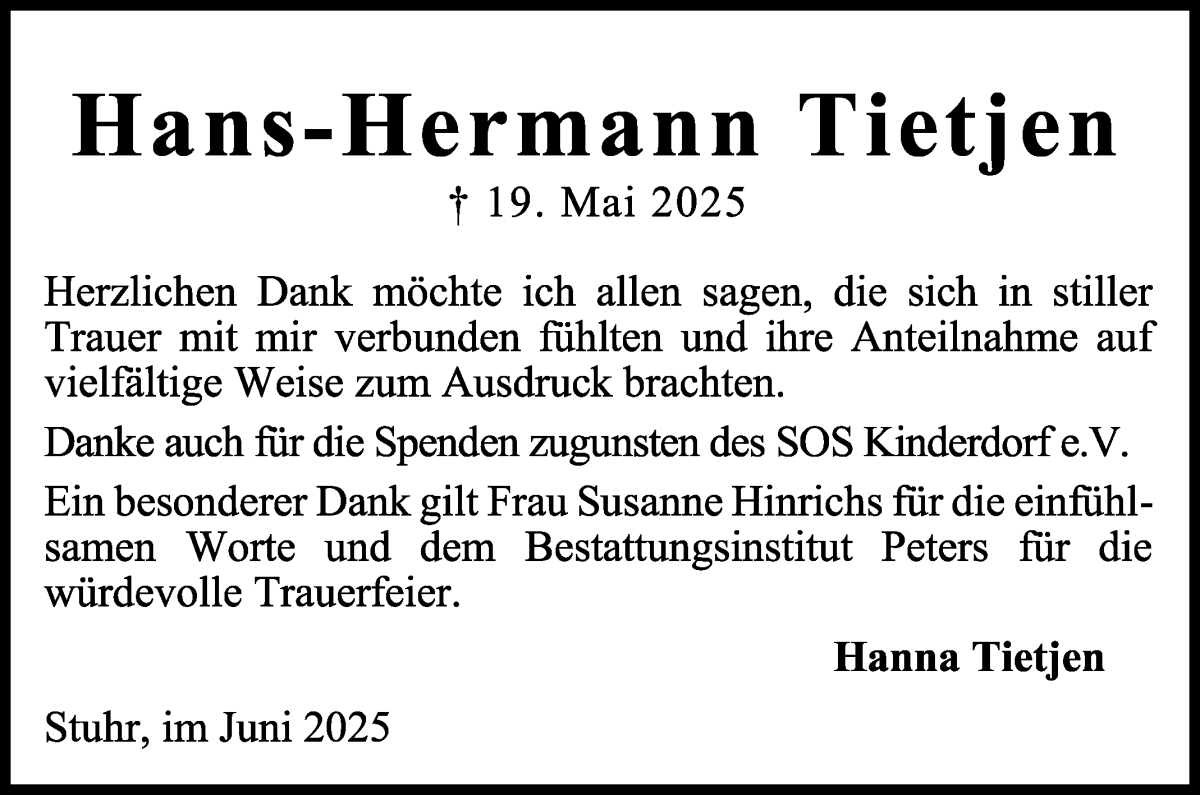 Traueranzeige von Hans-Hermann Tietjen von WESER-KURIER