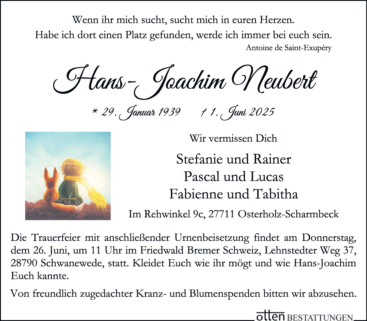 Traueranzeige von Hans-Joachim Neubert von Osterholzer Kreisblatt