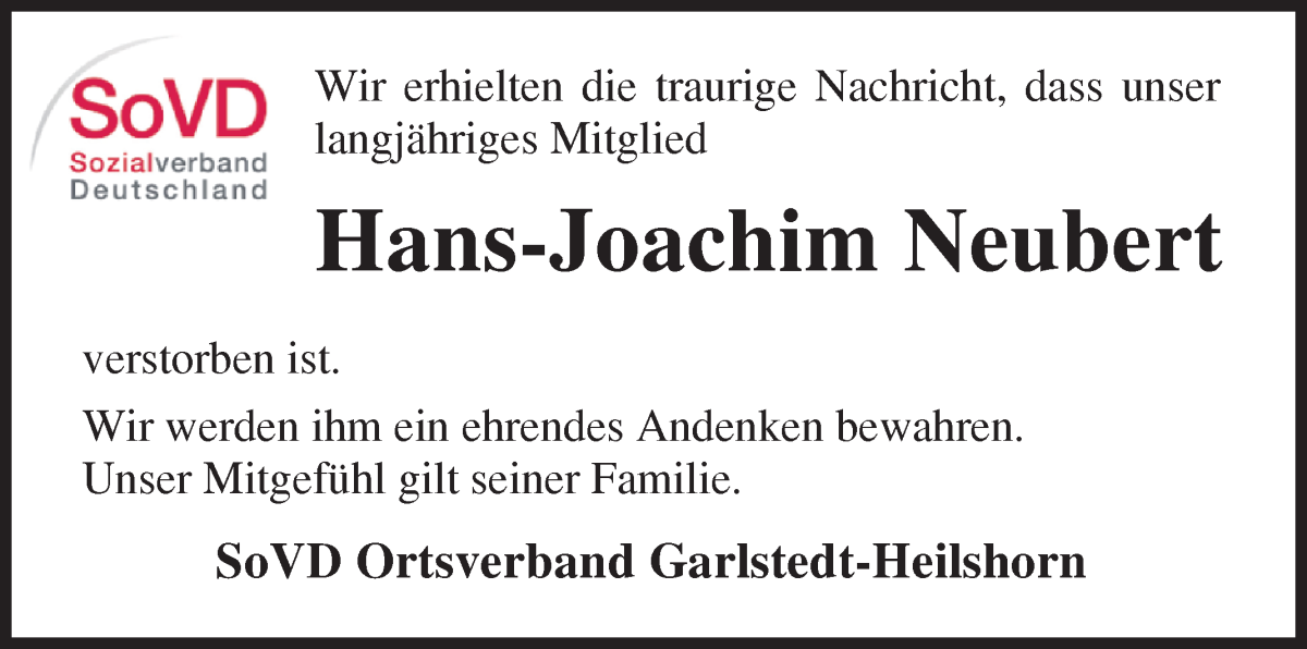 Traueranzeige von Hans-Joachim Neubert von Osterholzer Kreisblatt