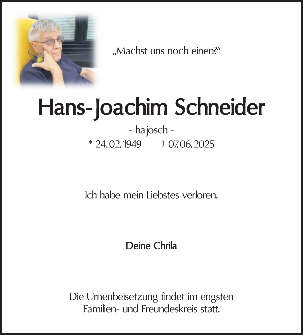 Traueranzeige von Hans-Joachim Schneider von WESER-KURIER