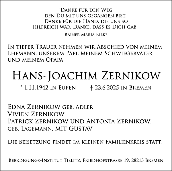Traueranzeige von Hans-Joachim Zernikow von WESER-KURIER