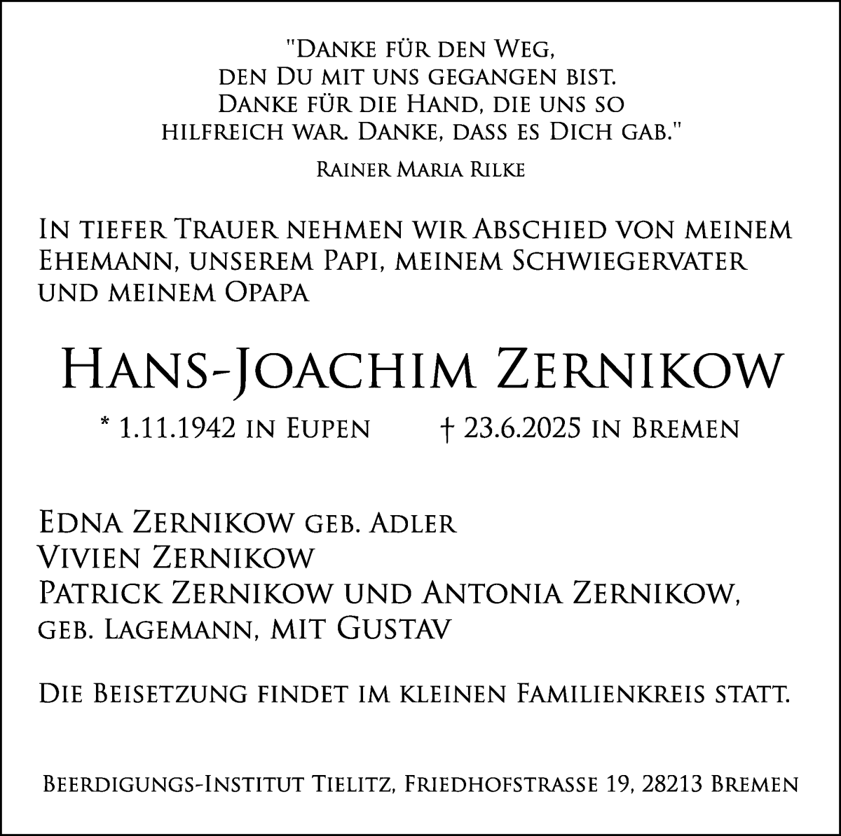Traueranzeige von Hans-Joachim Zernikow von WESER-KURIER