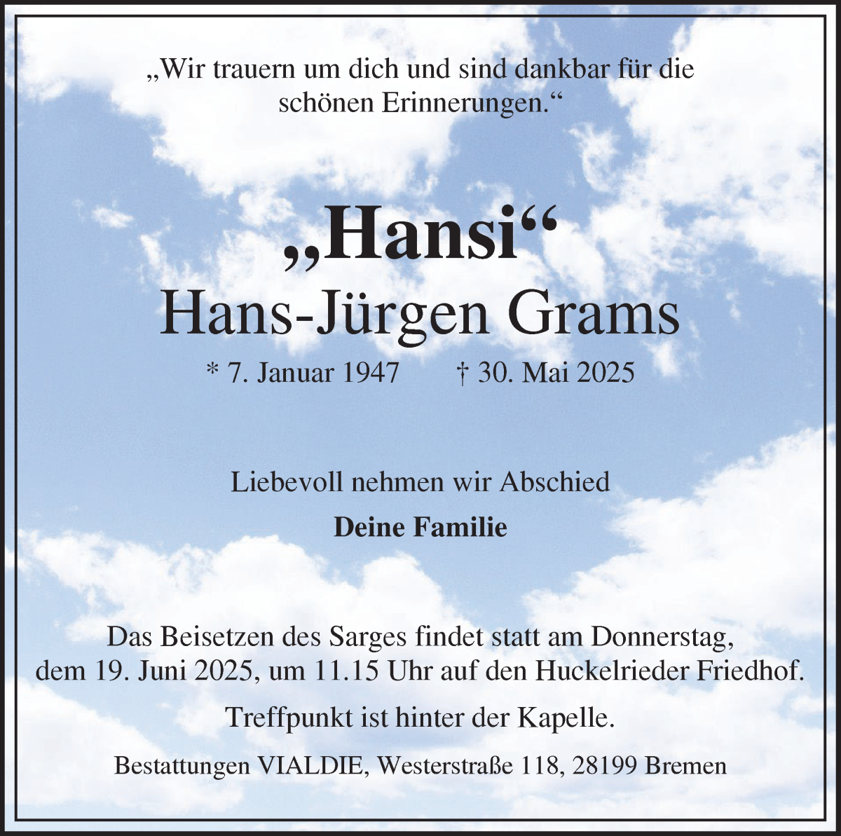 Traueranzeige von Hans-Jürgen Grams von WESER-KURIER