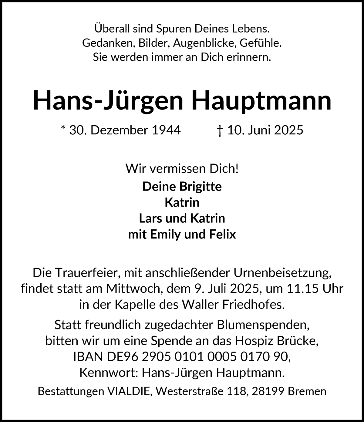 Traueranzeige von Hans-Jürgen Hauptmann von WESER-KURIER