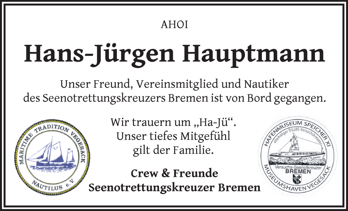 Traueranzeige von Hans-Jürgen Hauptmann von WESER-KURIER