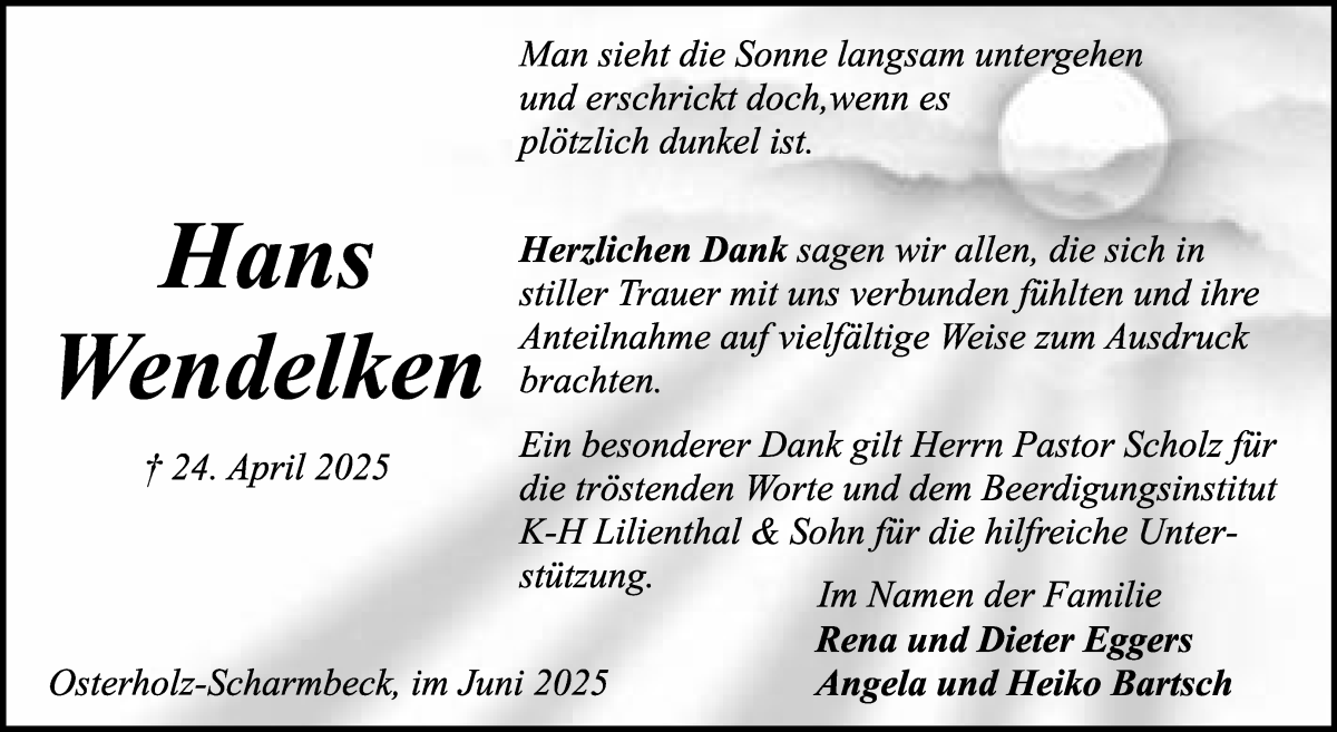 Traueranzeige von Hans Wendelken von Osterholzer Kreisblatt