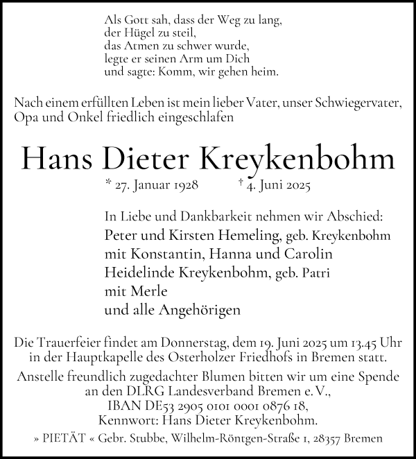 Traueranzeige von Hans Dieter Kreykenbohm von WESER-KURIER