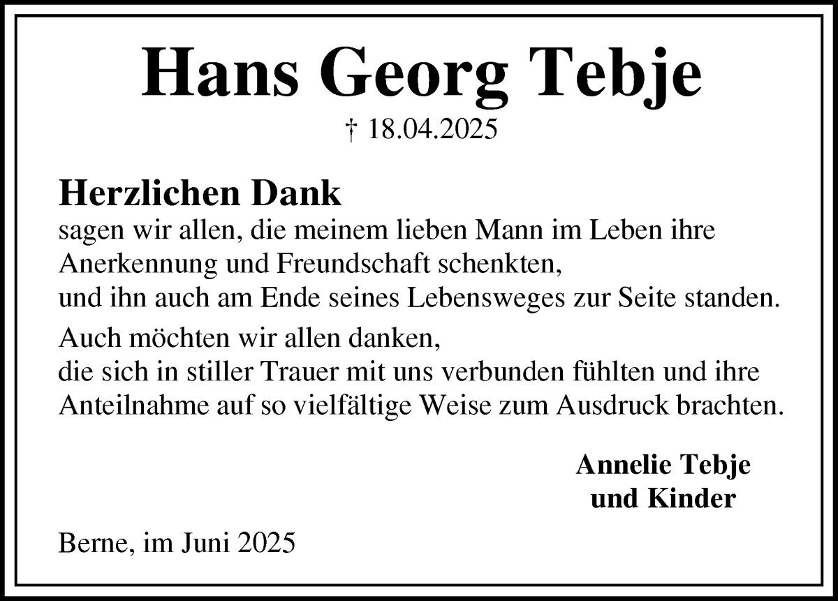 Traueranzeige von Hans Georg Tebje von Die Norddeutsche