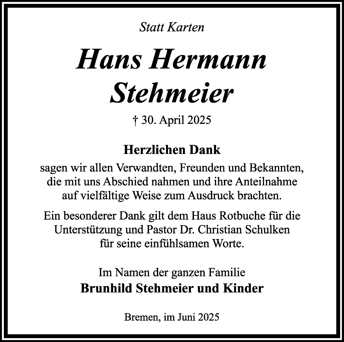 Traueranzeige von Hans Hermann Stehmeier von WESER-KURIER