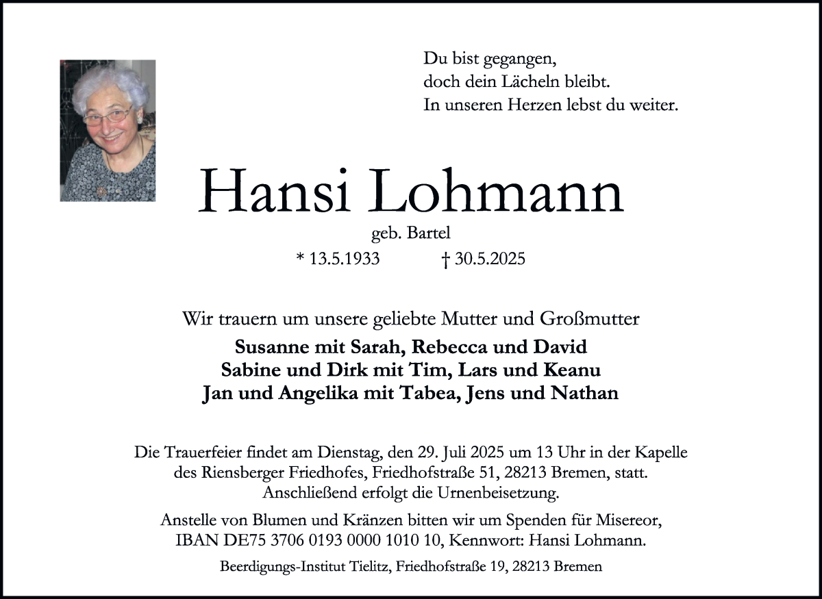 Traueranzeige von Hansi Lohmann von WESER-KURIER