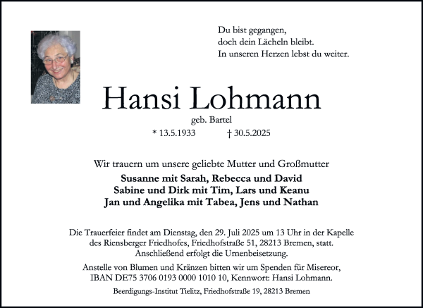 Traueranzeige von Hansi Lohmann von WESER-KURIER