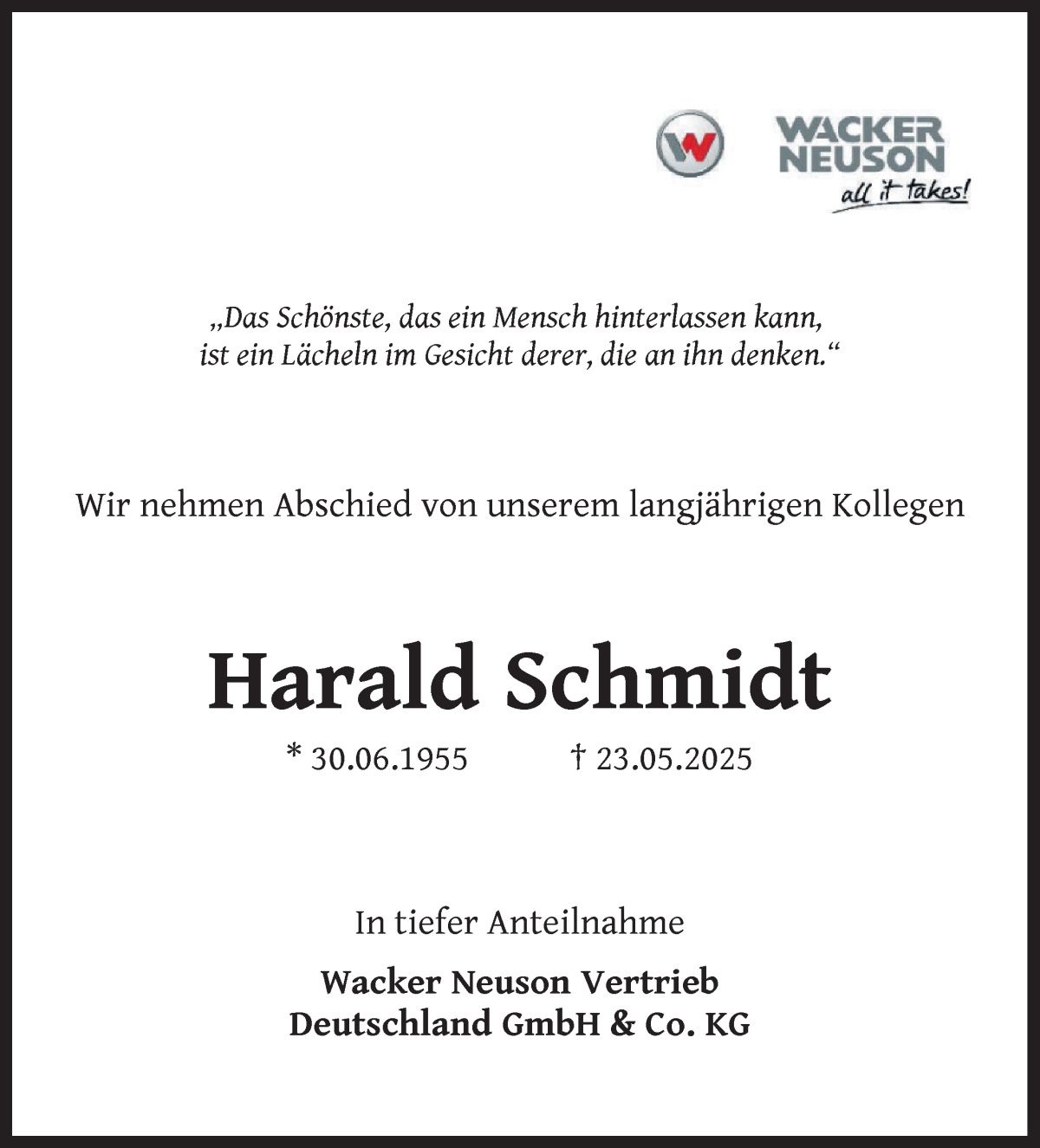 Traueranzeige von Harald Schmidt von WESER-KURIER