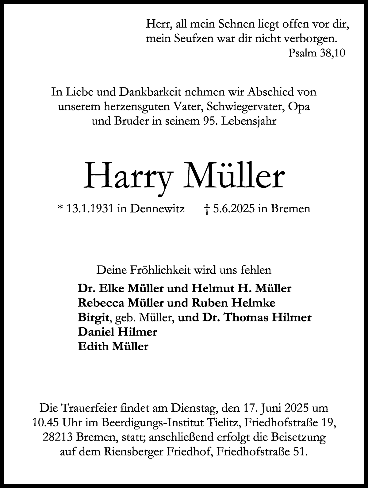Traueranzeige von Harry Müller von WESER-KURIER