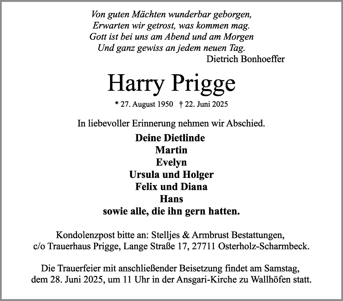 Traueranzeige von Harry Prigge von Osterholzer Kreisblatt