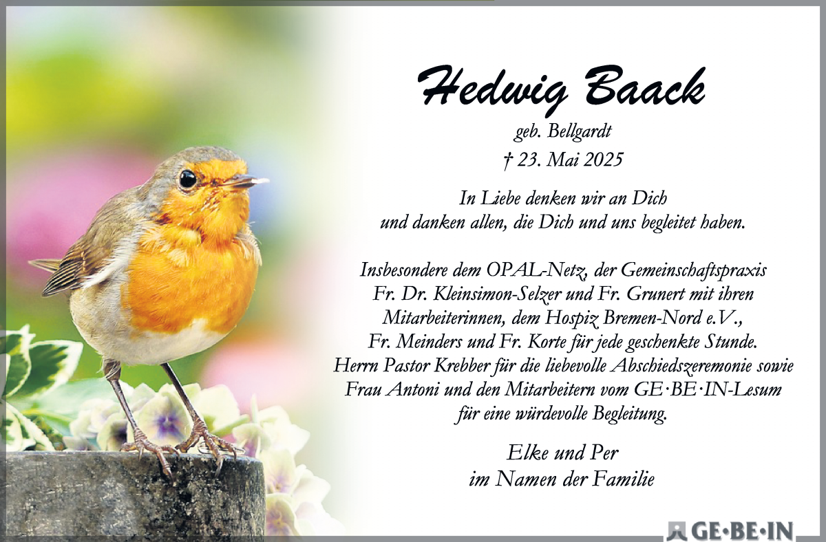 Traueranzeige von Hedwig Baack von Die Norddeutsche