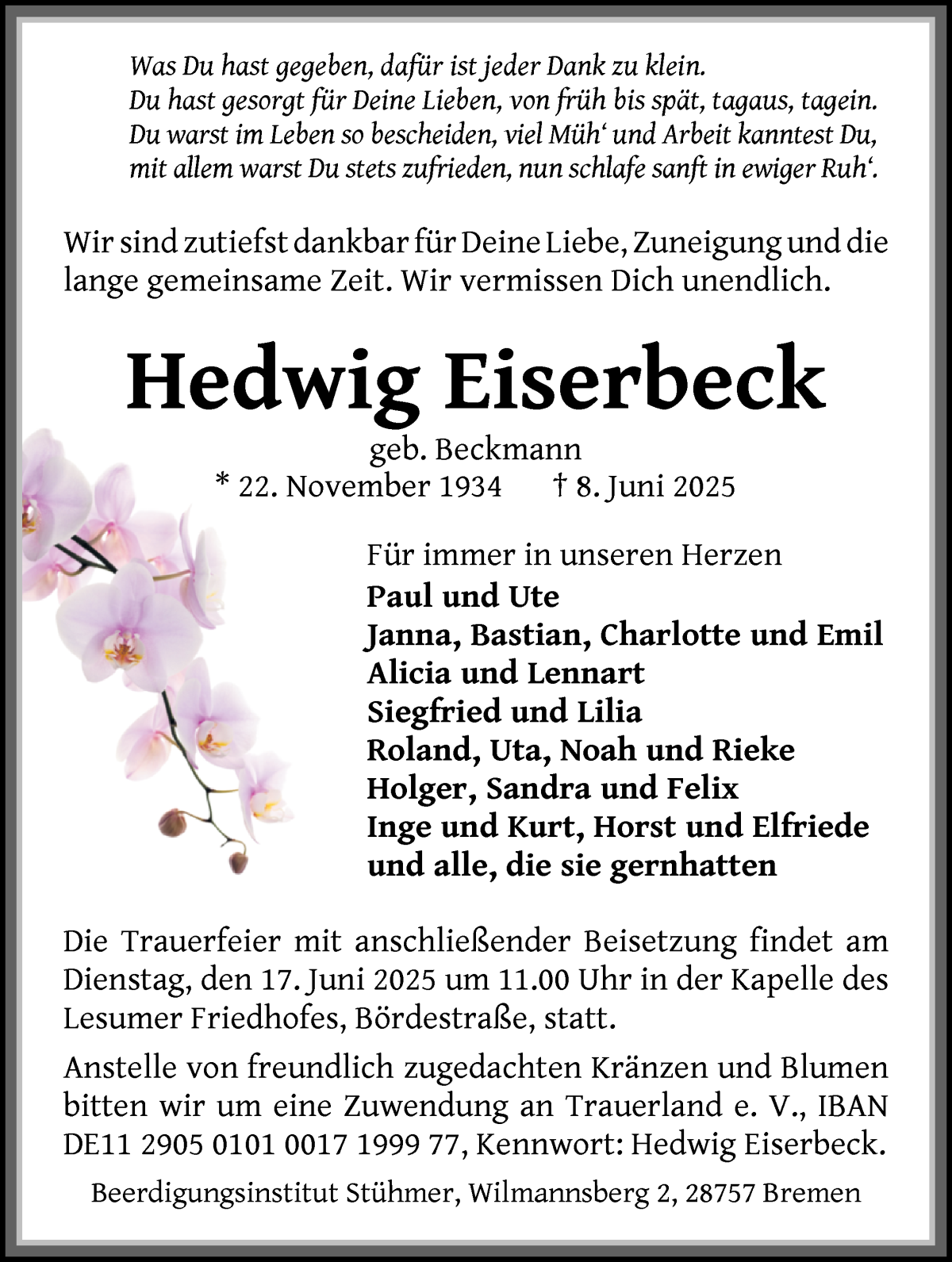 Traueranzeige von Hedwig Eiserbeck von WESER-KURIER
