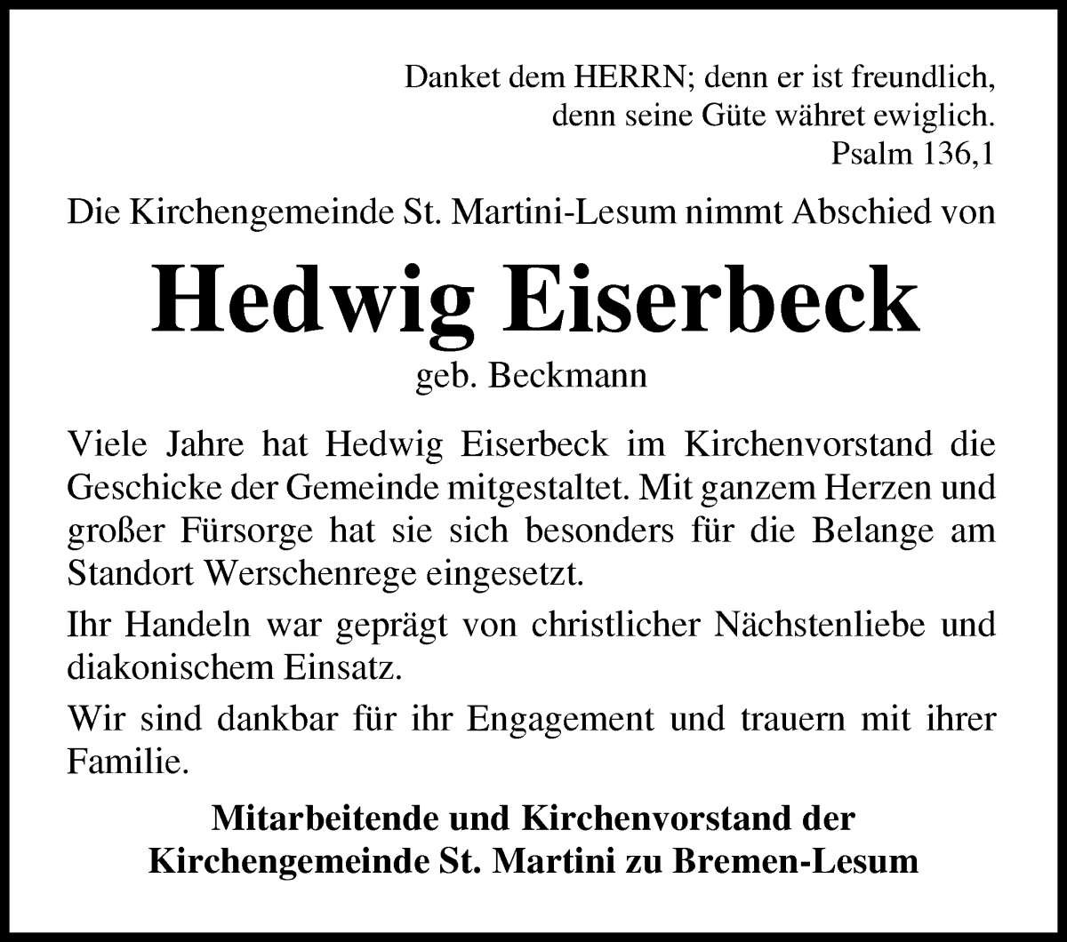 Traueranzeige von Hedwig Eiserbeck von Osterholzer Kreisblatt