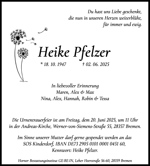 Traueranzeige von Heike Pfelzer von WESER-KURIER