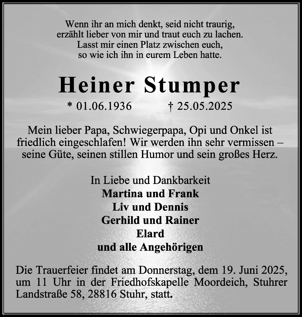 Traueranzeige von Heiner Stumper von WESER-KURIER