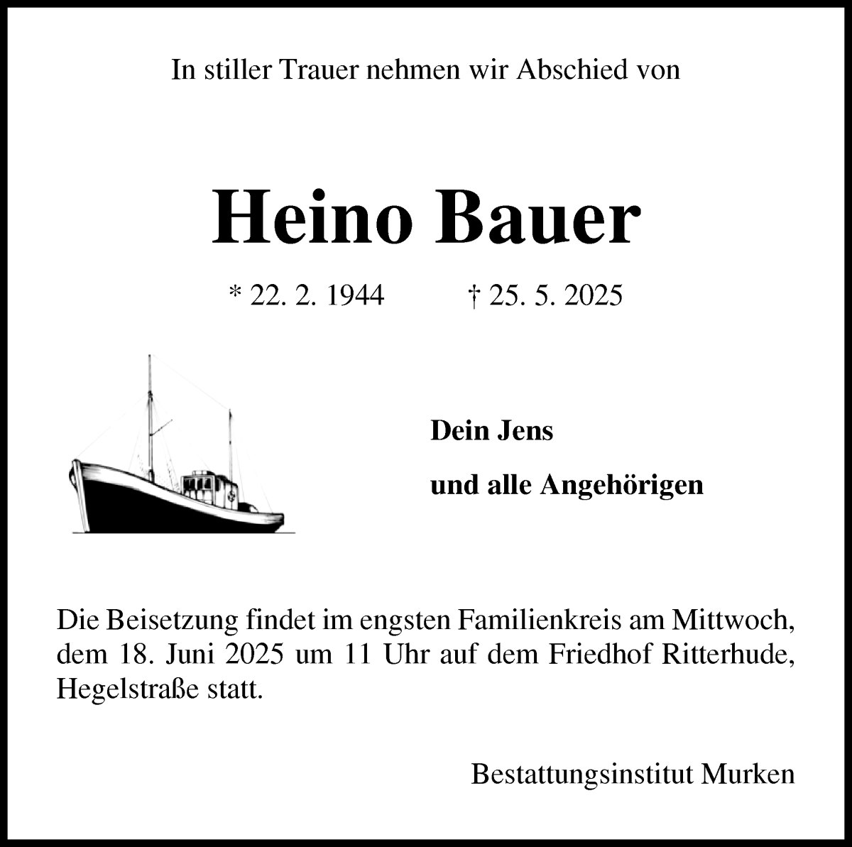 Traueranzeige von Heino Bauer von Osterholzer Kreisblatt