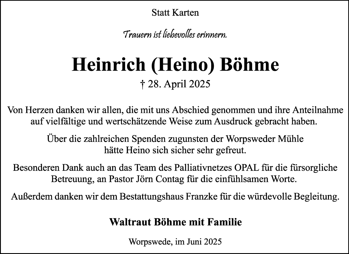 Traueranzeige von Heinrich Böhme von Wuemme Zeitung