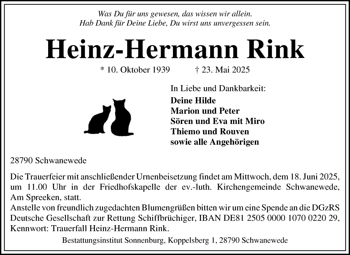 Traueranzeige von Heinz-Hermann Rink von Die Norddeutsche