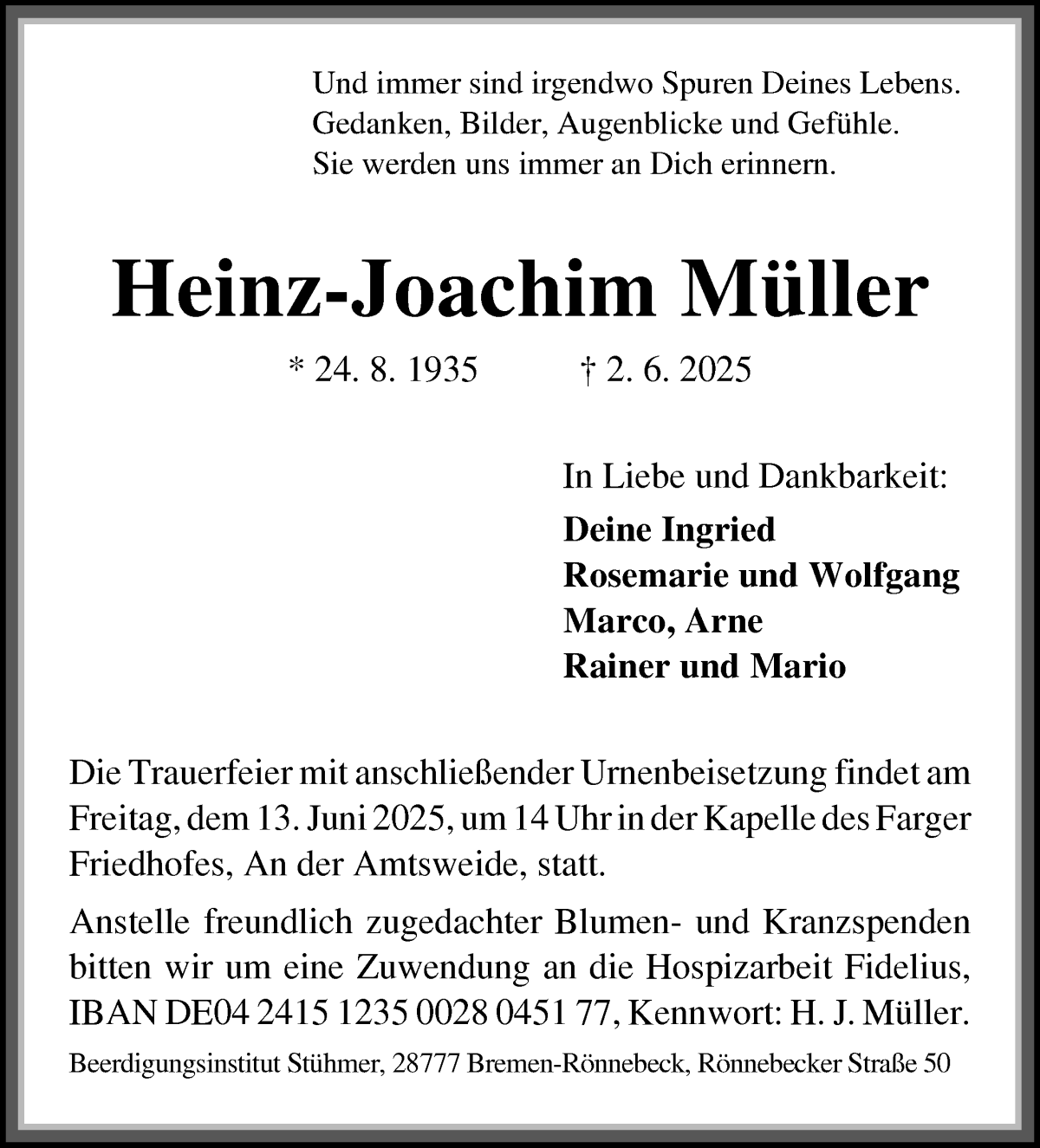 Traueranzeige von Heinz-Joachim Müller von Die Norddeutsche