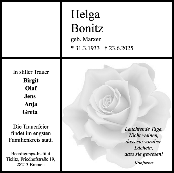 Traueranzeige von Helga Bonitz von WESER-KURIER