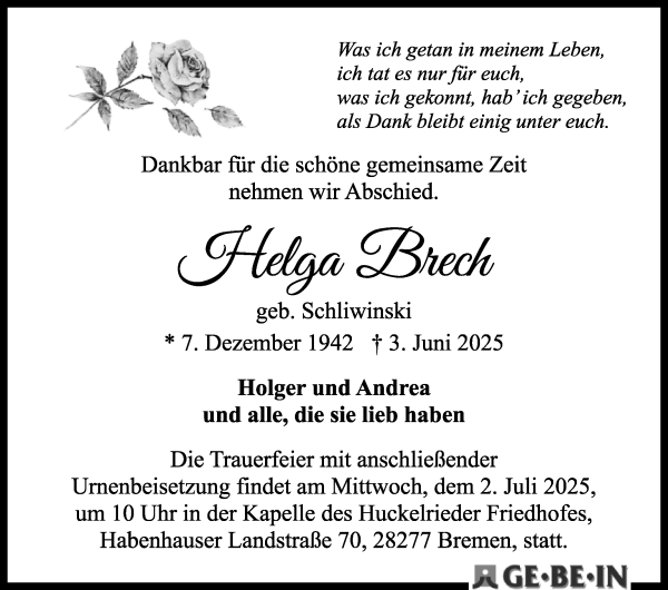Traueranzeige von Helga Brech von WESER-KURIER