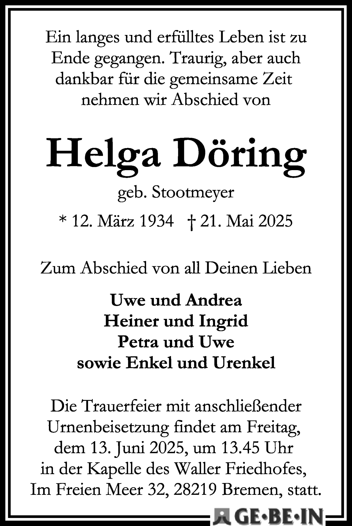 Traueranzeige von Helga Döring von WESER-KURIER