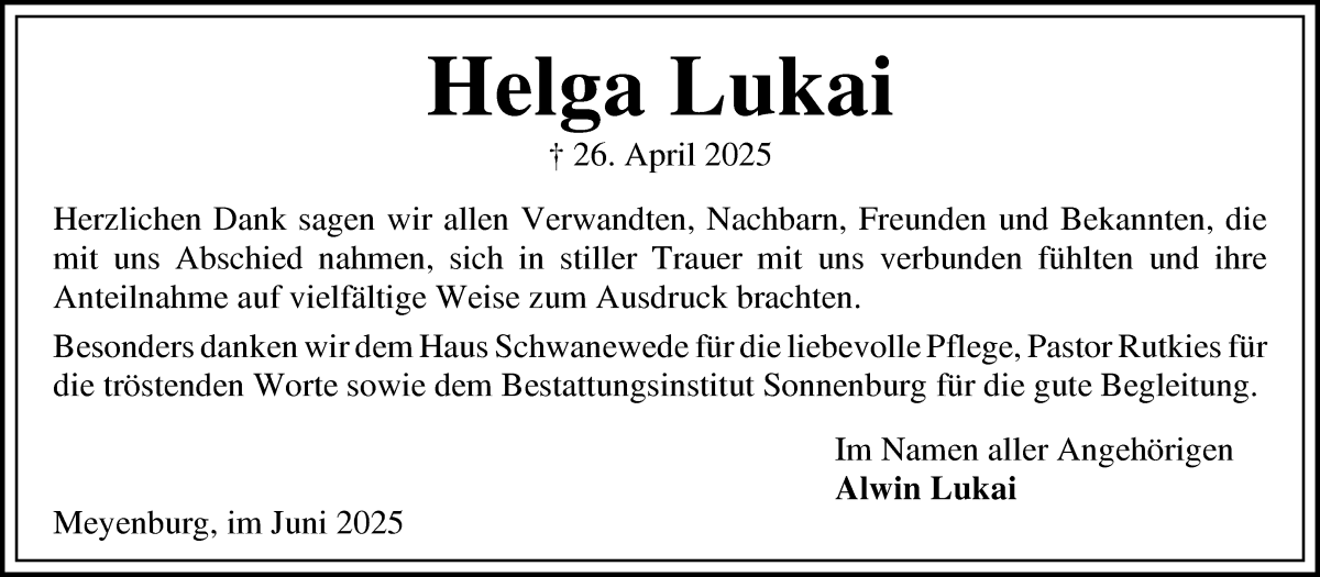 Traueranzeige von Helga Lukai von Die Norddeutsche