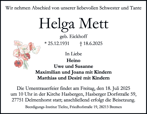 Traueranzeige von Helga Mett von WESER-KURIER