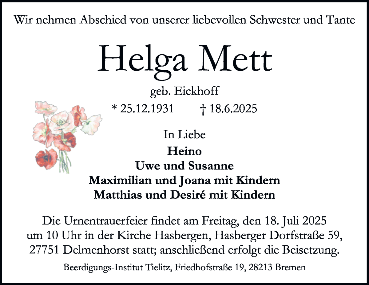 Traueranzeige von Helga Mett von WESER-KURIER