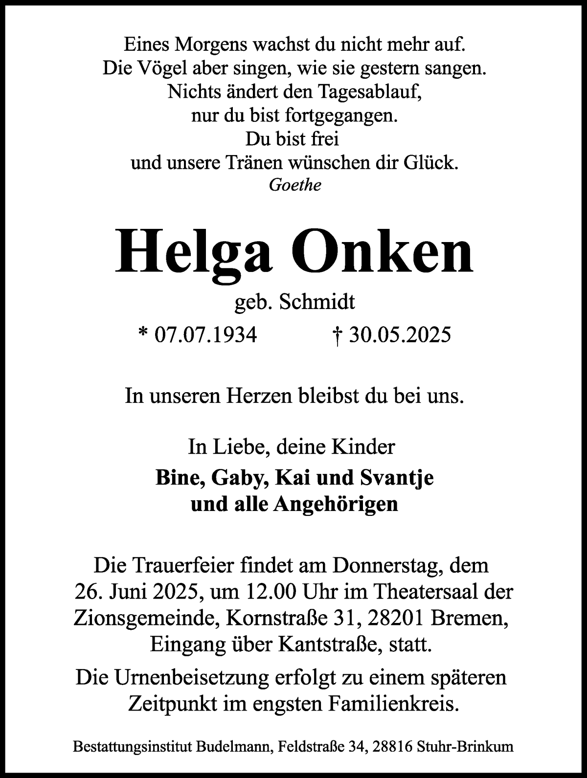 Traueranzeige von Helga Onken von WESER-KURIER