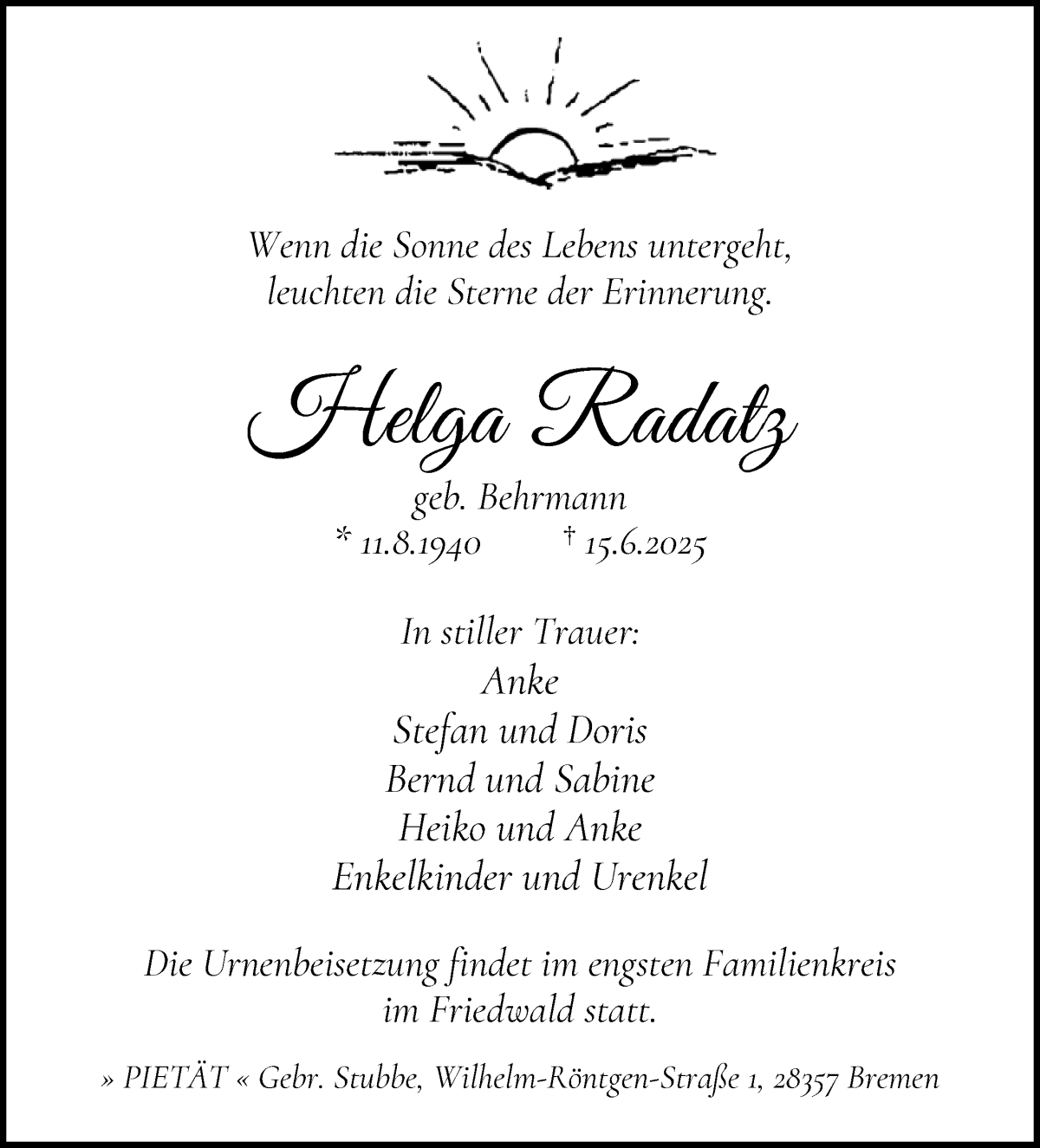 Traueranzeige von Helga Radatz von WESER-KURIER