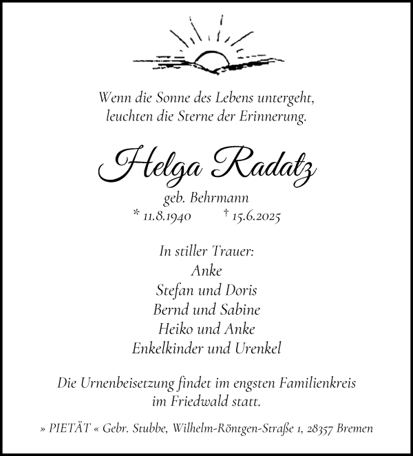 Traueranzeige von Helga Radatz von WESER-KURIER