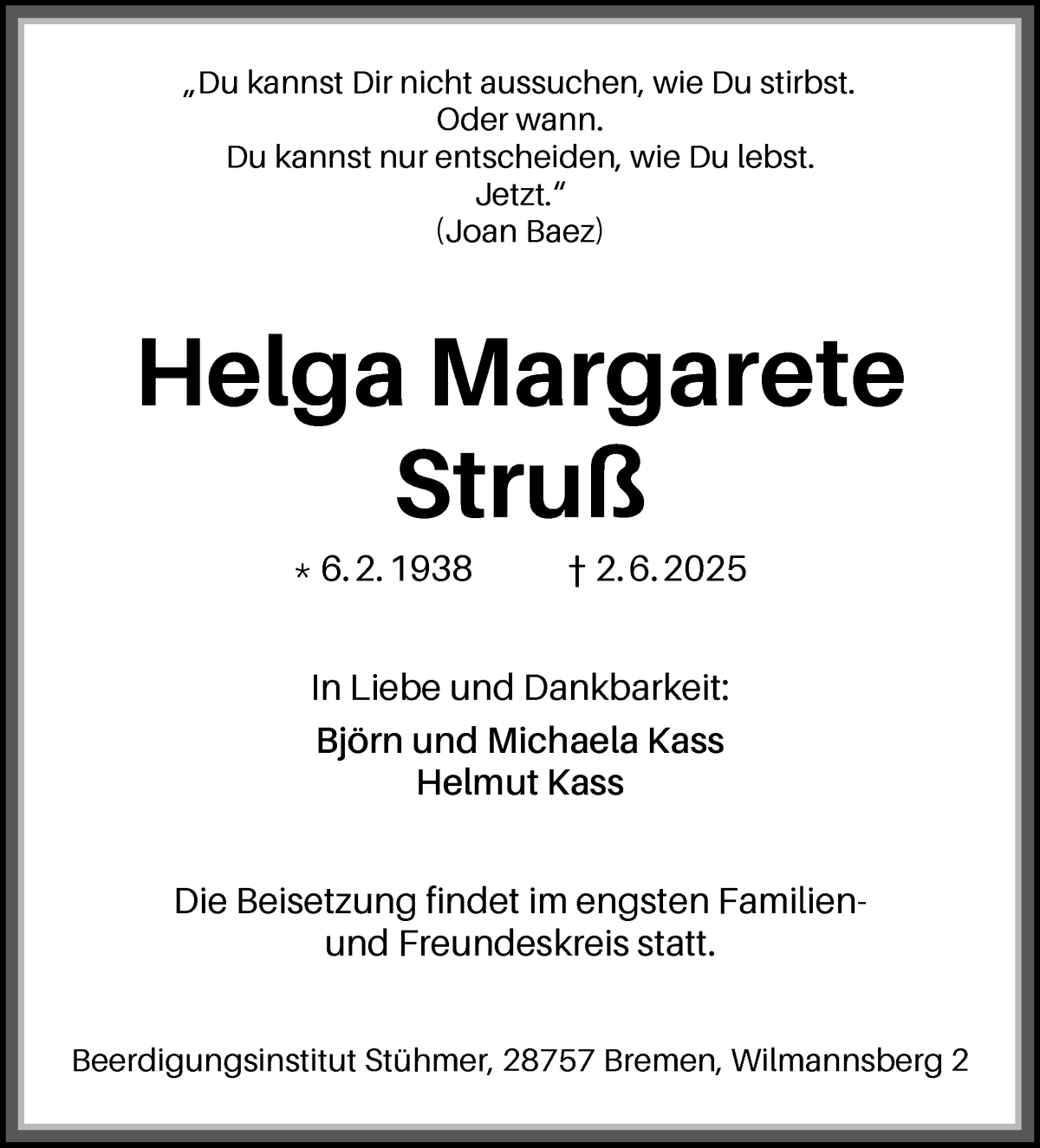 Traueranzeige von Helga Margarete Struß von Osterholzer Kreisblatt
