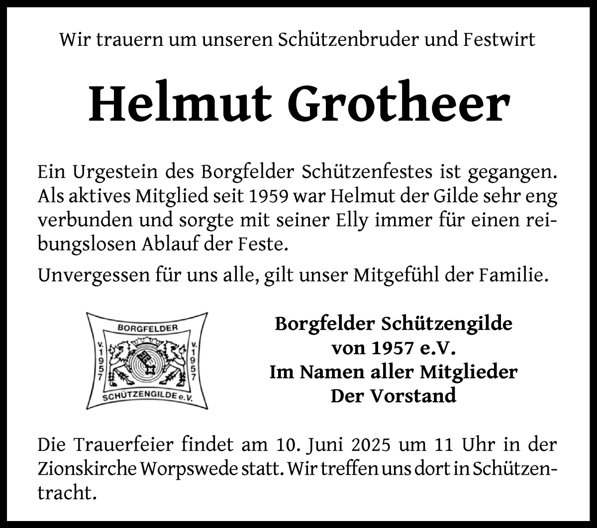 Traueranzeige von Helmut Grotheer von Wuemme Zeitung