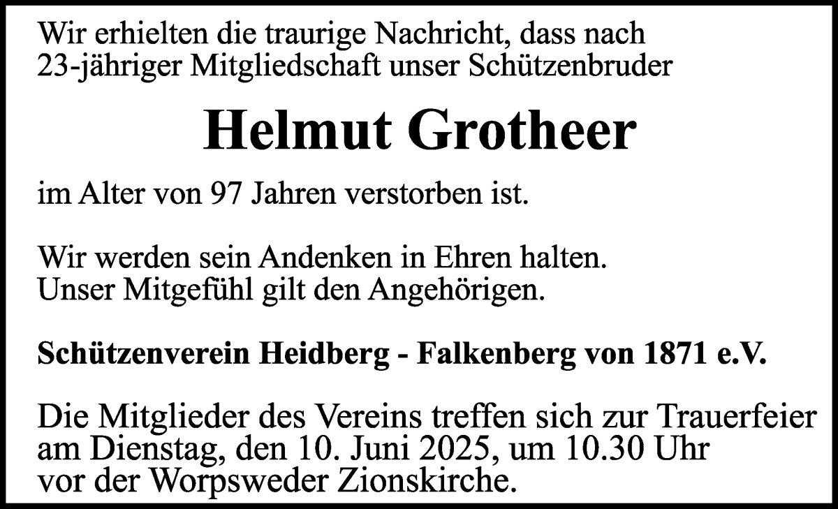 Traueranzeige von Helmut Grotheer von Wuemme Zeitung